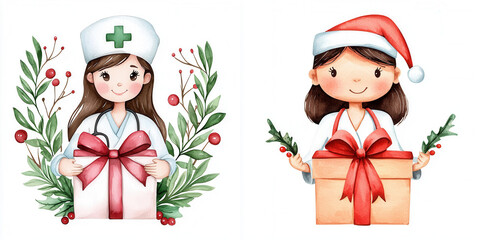 Fototapeta premium The image features two cartoon women: one as a nurse with a gift and the other as Santa, both adorned with festive elements and warm expressions.