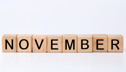 Fototapeta premium Wooden cubes with text NOVEMBER on white backdrop. Autumn season. Month of year. Wood block
