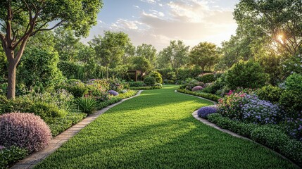 A serene garden path surrounded by lush greenery and vibrant flowers at sunset