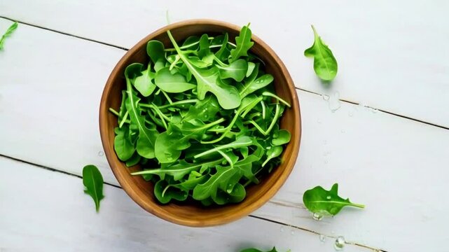 Arugula or rucola leaves in a wooden bowl. Arugula, also known as rucola, is a leafy green vegetable with a peppery flavor, often used in salads, pasta, and pizza toppings. 