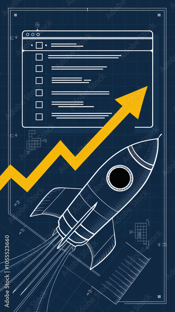 Aufkleber blueprint style rocket and browser interface representing seo growth and website optimization
