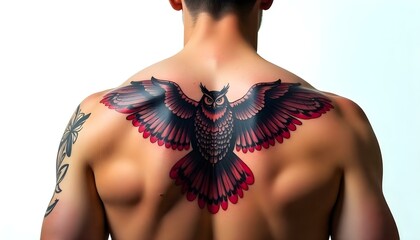 Owl tattoo on back meaning wisdom, knowledge, and mystery isolated on a white background with copy space