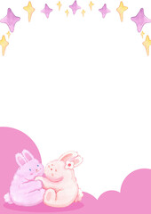 Cute rabbits hugging, representing love in a pink vertical frame watercolor illustration.