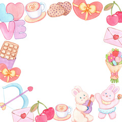 Items representing love in a square frame watercolor illustration.