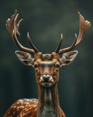 Fototapeta premium A mesmerizing ultrarealistic portrait of a deer with grand antlers, bathed in soft shadows. The dark background enhances its grace and power, making it an ideal wildlife-inspired artwork.