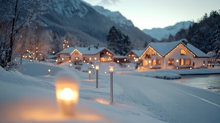 Snowy Village with Twinkling Holiday Lights