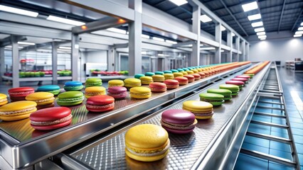 Stylish bakery showcases advanced technologies in macarons' conveyor production through captivating fashion photography, blending modern aesthetics with artisanal craftsmanship in a chic setting.