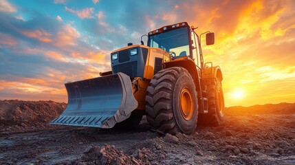 Yellow Tractor with a Bucket Facing the Sunset