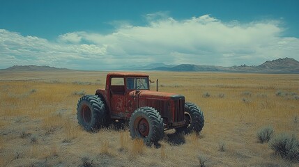 Obraz premium Rusty Red Tractor Abandoned in a Dry Grass Field with Mountains in the Distance