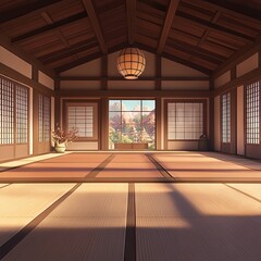 A serene Japanese-style room with tatami mats, wooden beams, and a large window overlooking a scenic mountain view.