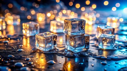 Surreal crystal ice cubes illuminated by vibrant night light reflections create an abstract winter scene, offering a captivating blend of cold  for unique photography inspiration.