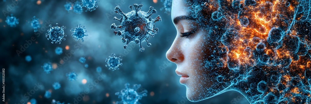 Poster surreal digital art depicting microscopic virus particles menacingly surrounding a human face in a d