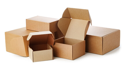 Stacked brown cardboard boxes in various sizes arranged on a white background