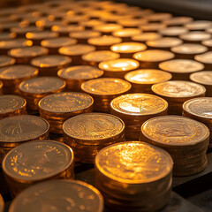 Close-Up of Neatly Arranged Gold Coins and Bars Displaying Wealth and Luxury
