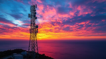 Telecommunications Tower Silhouetted Against a Vibrant Sunset Over the Sea