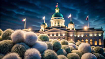 Obraz premium Night Photography of a Large Building with a Flag Surrounded by Colorful Faux Fur Pom Poms for Craft Decoration and Soft Textured Elements in a Dreamy Setting