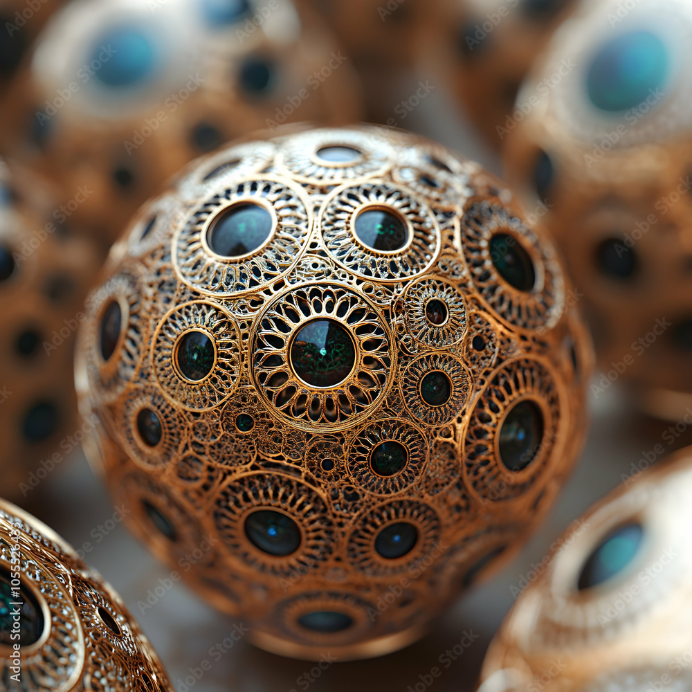 Poster close-up view of intricately patterned spheres in a dynamic arrangement