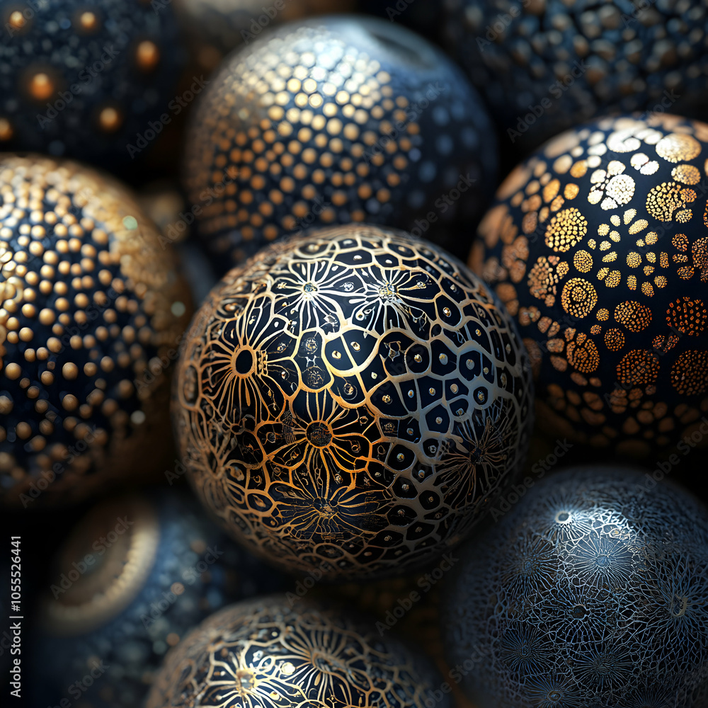 Poster close-up view of intricately patterned spheres arranged on a surface