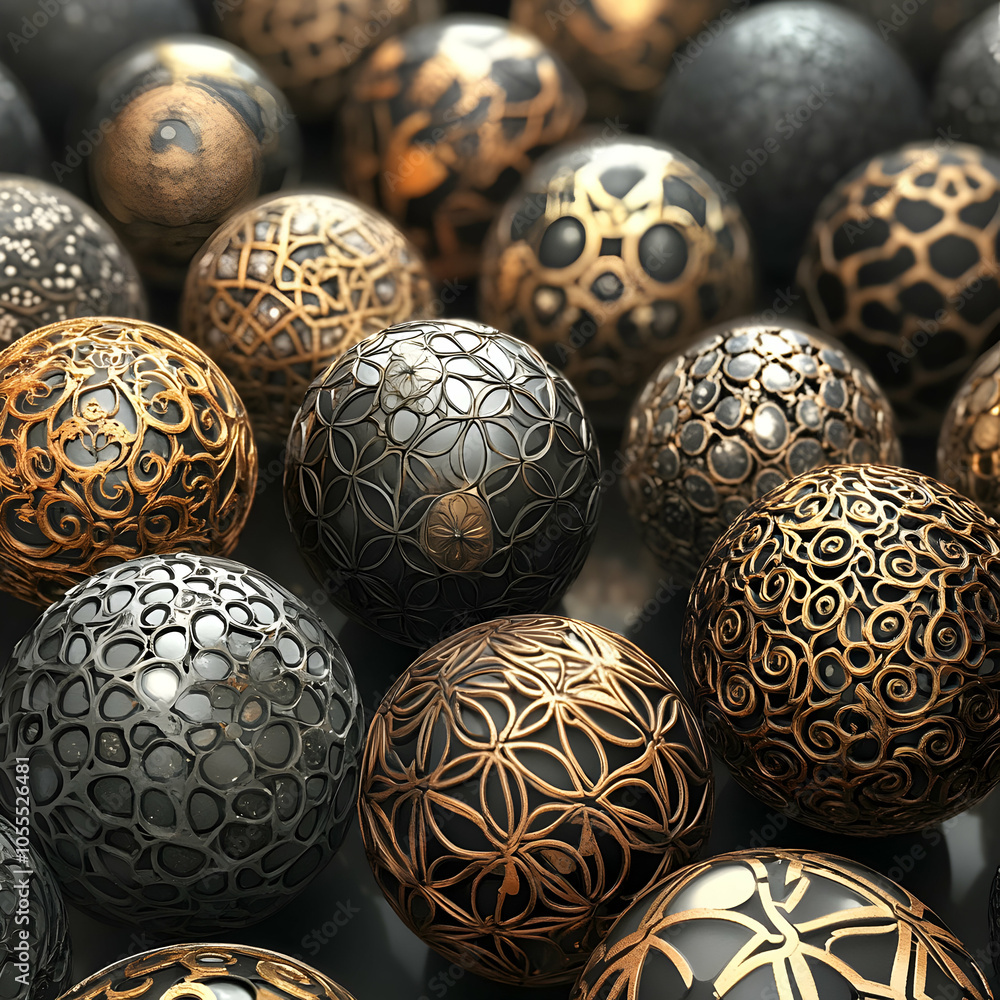 Poster Close-Up View of Intricately Patterned Spheres Set Against a Soft Background