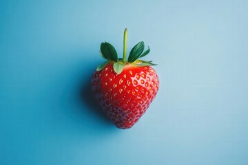 A vibrant strawberry sits centered on a smooth blue surface, showcasing its bright red color and green leaves. The minimalist setting emphasizes its freshness and appeal.