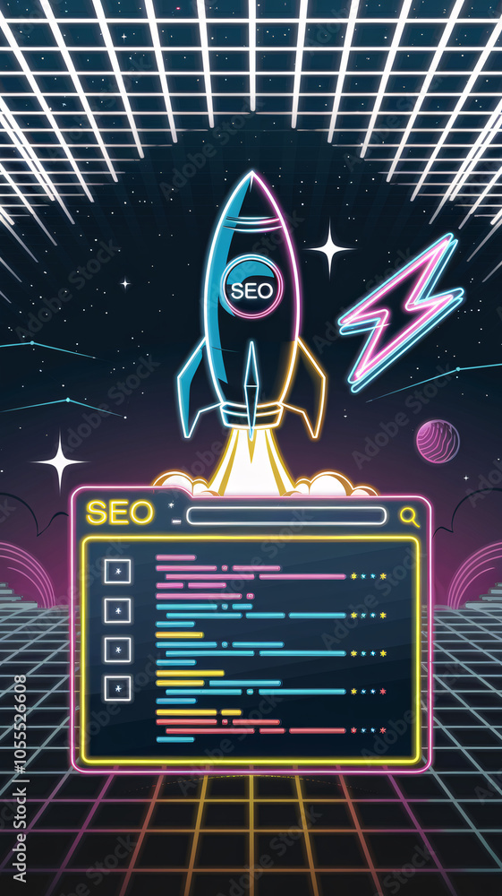 Poster neon seo rocket launching with search results interface and futuristic grid background