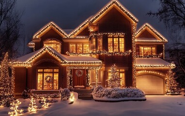 Snow-covered whimsical gingerbread house with festive lights
