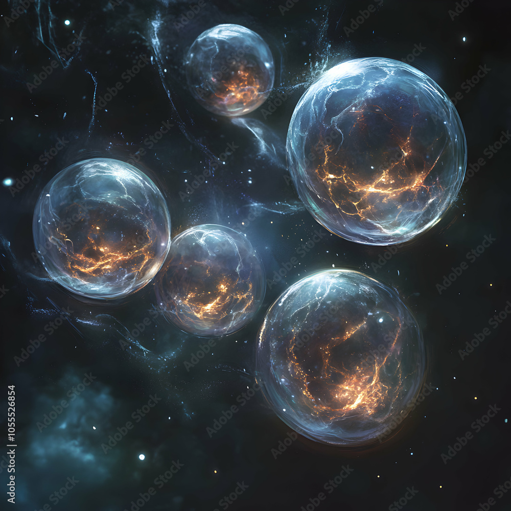 Poster cluster of translucent spheres with glowing edges floating in a mystical atmosphere