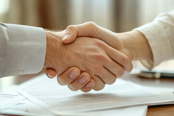 Business Handshake Over Contract Agreement, contract signing and professional collaboration in a corporate meeting, close-up of a successful business alliance