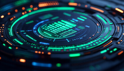 Futuristic digital interface with vibrant glowing elements, dark background.