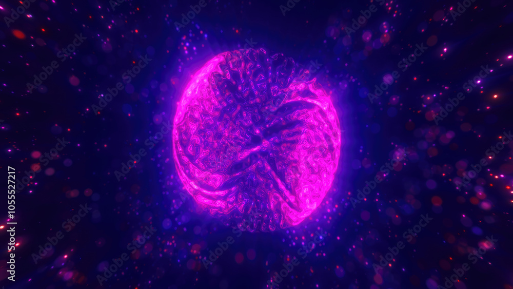 Poster purple and red glowing sphere encircled by sparkling light particles, creating a vibrant cosmic spec