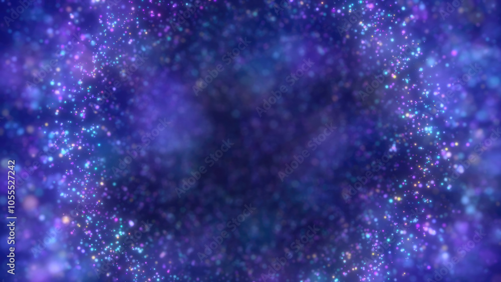 Poster abstract background with shimmering blue lights and particles creating a dreamy, cosmic atmosphere. 