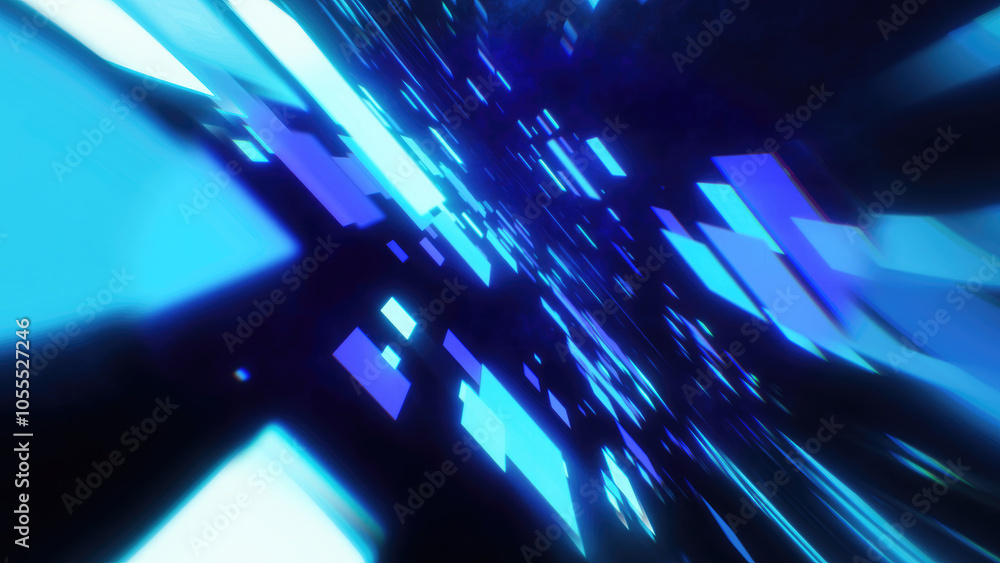 Poster a dynamic abstract glowing blue squares moving through a dark space for conveying technology speed o