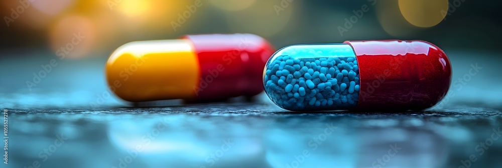 Aufkleber two colorful pharmaceutical capsules resting on a blurred and bokeh background,representing the conc