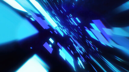A dynamic abstract glowing blue squares moving through a dark space for conveying technology speed or digital concepts, technology and energy