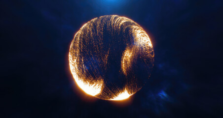 Glowing yellow sphere of light particles on a dark background, symbolizing energy and technology with a dynamic and futuristic feel