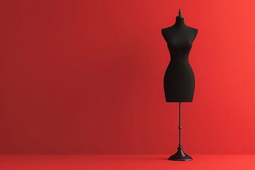 A stylish black dress form stands elegantly on a base, set against a striking red wall. The minimalist design emphasizes its sleek shape, highlighting contemporary fashion aesthetics.