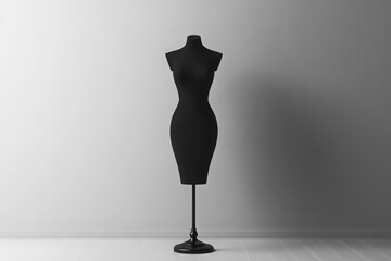 Obraz premium A sleek black dress form stands against a clean, minimalist background, emphasizing its modern design. This stylish display highlights fashion artistry in a contemporary setting.