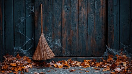 A rustic broom rests against a dark wooden wall surrounded by autumn leaves and cobwebs
