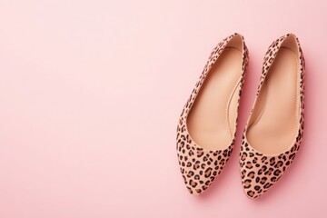 These fashionable flat shoes showcase a trendy leopard print design, resting on a soft pink surface. Perfect for adding flair to any outfit, they blend comfort and style seamlessly.
