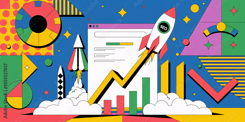 Poster seo rocket boosting search rankings with colorful abstract patterns and web interface