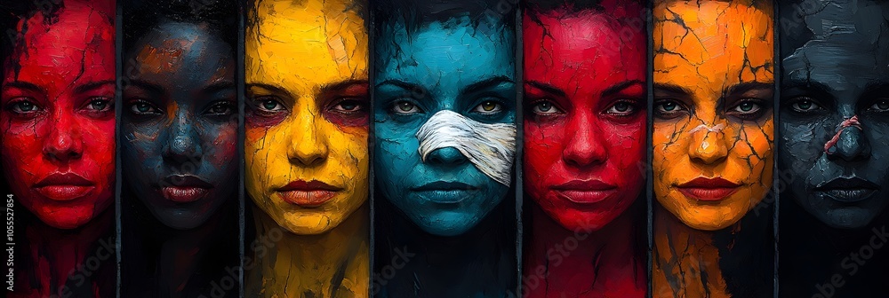 Aufkleber Vibrant abstract portrait showcasing a diverse range of facial expressions and identities in a surreal,contemporary style. The images explore the complexities of human emotion,mood.