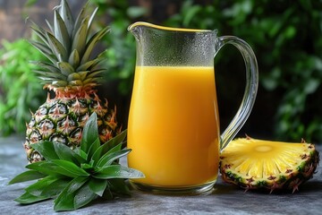 Fresh pineapple juice in a glass pitcher with whole pineapple on a stone surface.