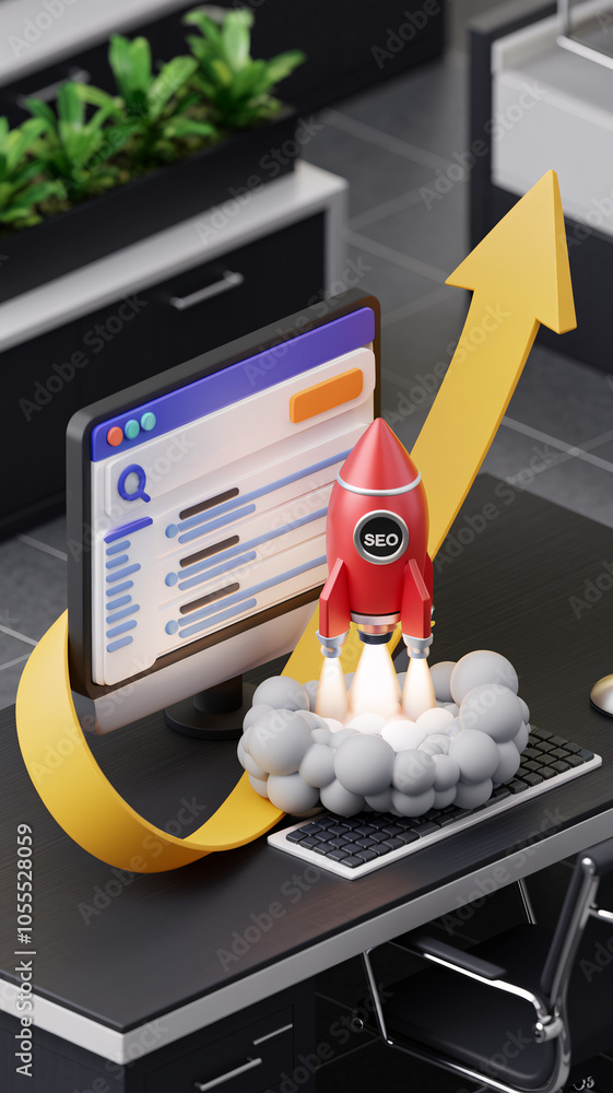 Poster 3d seo rocket launching from computer screen with search engine interface and upward arrow in modern