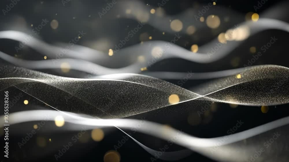Poster white lines flow against a dark background with gold bokeh