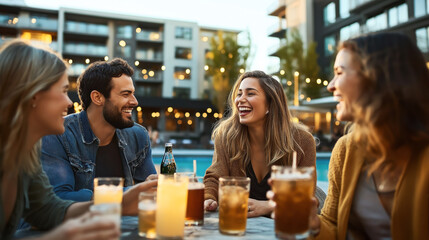 Group of friends enjoying drinks at an outdoor bar with string lights in an urban setting near sunset.