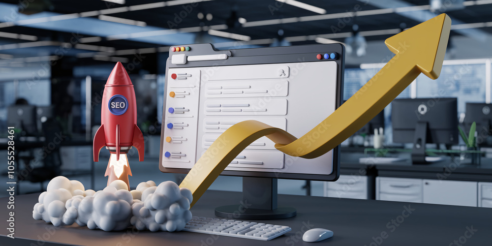 Aufkleber 3d seo rocket launching from desk in office setting with search engine interface and yellow arrow