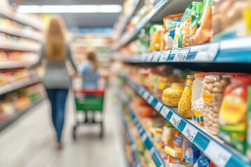 Fototapeta premium A family strolls through a busy grocery store, pushing a cart while browsing colorful aisles filled with food items. The cheerful atmosphere enhances their shopping experience.