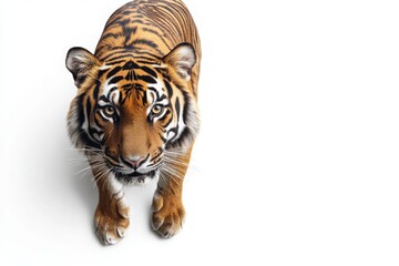 Obraz premium A tiger stands isolated, displaying its vibrant coat and captivating eyes, embodying strength and curiosity. The animals focused expression draws attention in this simplified environment.