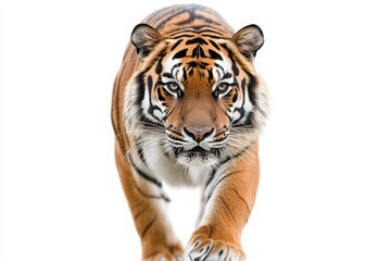 Obraz premium The tiger moves confidently, showcasing its striking orange fur and bold black stripes. Its intense gaze suggests strength and focus, emphasizing the beauty of this iconic wild animal.