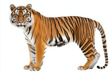 Obraz premium A powerful tiger stands confidently in the center, displaying its intense gaze and beautiful striped coat. This magnificent creature captures the essence of wild beauty and strength.